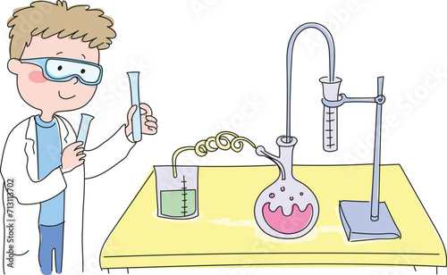 Young scientist boy. Student boy doing experiment in science class.