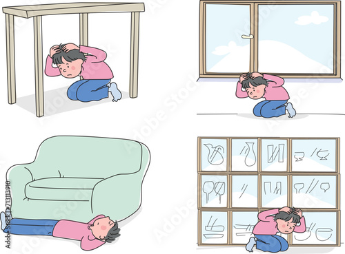 Little boy demonstrating his postures in various places during the earthquake. Earthquake protection methods.
