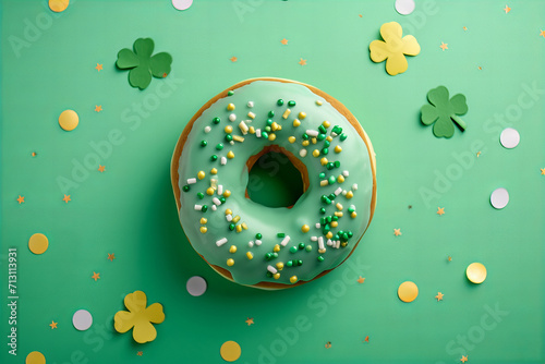 
perfect donut with glossy green icing . decoreted with four leaves clover and golden round confetti . isolated on pastel green backgrouns with copy space. photo