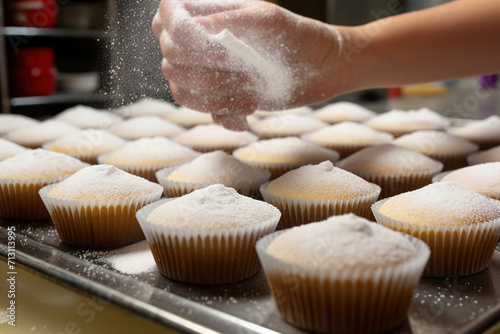 Closeup of hand sprinkling powdered sugar over fresh muffins.