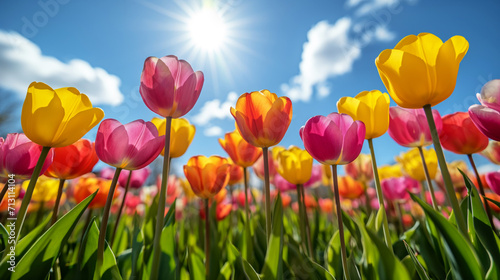 A field full of colourful tulip flowers and the shining sun