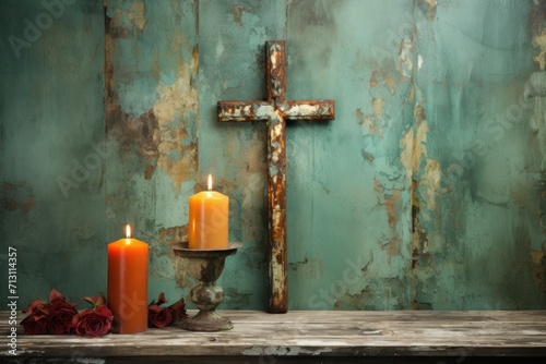 Cross and candle hanging on turquoise wood symbolizing peace and serenity, easter candles picture © Stocks Buddy