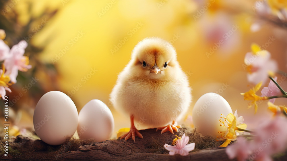 Cool yellow chicken among spring flowers and bright Easter eggs