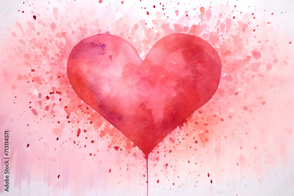 Watercolor painting of red heart on white background. Valentines day concept