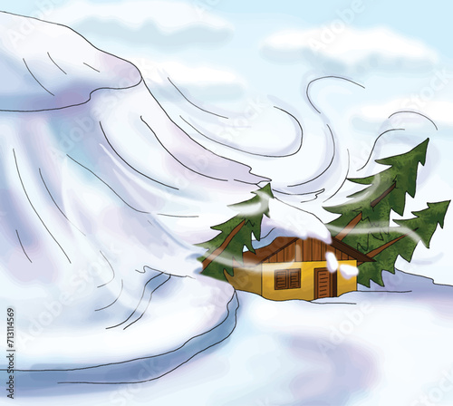 An avalanche destroying trees and houses.