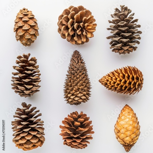 Big set of cones various coniferous trees isolated on white background