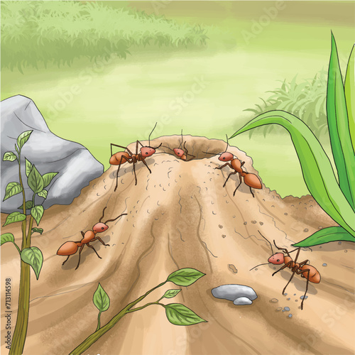 Anthill outside and underground. A house for ants. Flat vector illustration of insects.