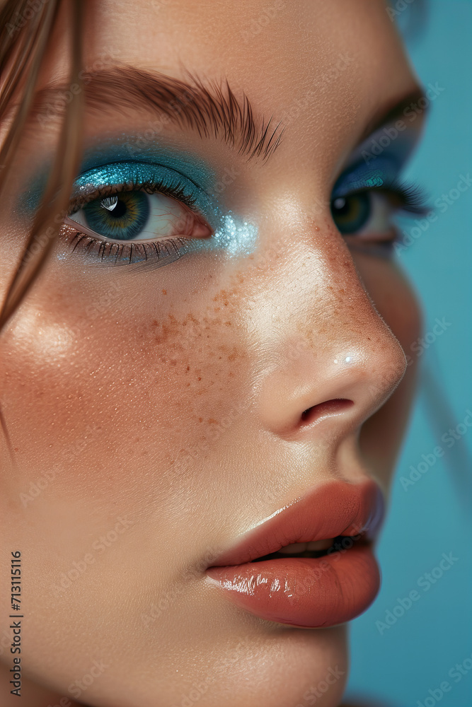 professional beauty photography. studio shot in fashion style. close up model's face wearing trendy 2024 makeup with blue eyeliner, eyeshadow	