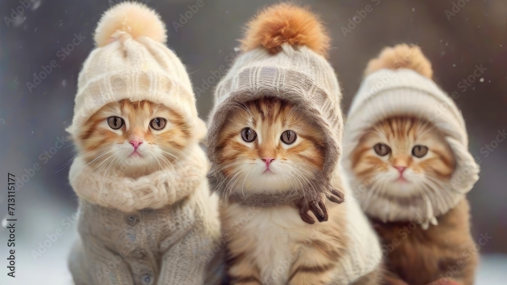 Cute cats wearing winter hats, AI generated Cute cats wearing winter hats, AI generated