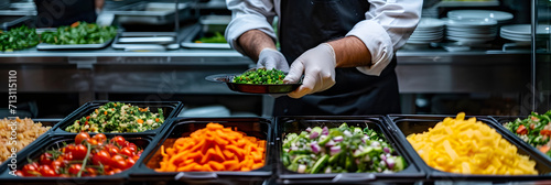 A buffet worker at a hotel with a halal kitchen buffet wearing protective gloves prepares a variety of salads and side dishes, placing the ingredients in large black containers. Concept: catering photo