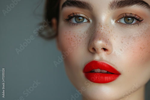professional beauty photography. studio shot in fashion style. close up model s face wearing trendy 2024 makeup with red lips 