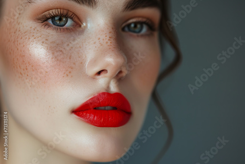 professional beauty photography. studio shot in fashion style. close up model's face wearing trendy 2024 makeup with red lips 