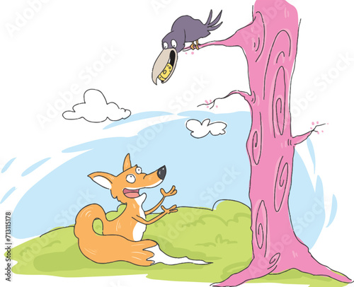 The story of the crow and the fox. Cheese in the crow's mouth. The sly fox wants cheese.