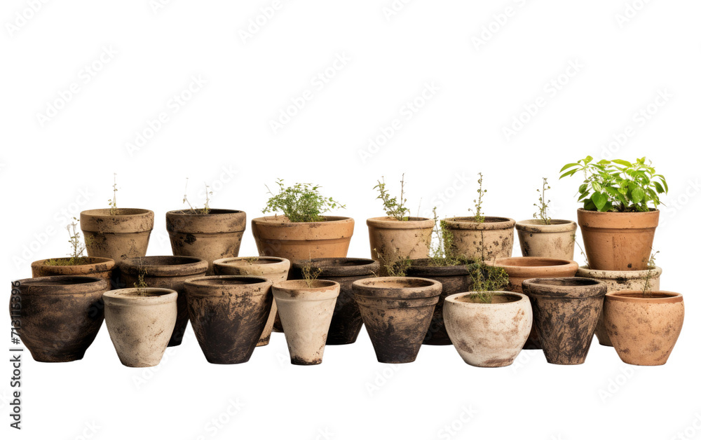 Fototapeta premium Display of Plant Pots Crafted from Mud on White or PNG Transparent Background.