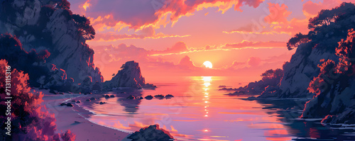 Beautiful sea sunset on a tropical island. Seascape illustration in warm reddish tones. © Lunstream