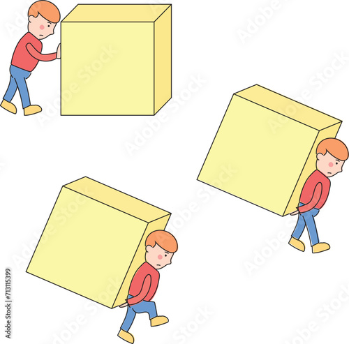 Little boy pushes, pulls and lifts the box.