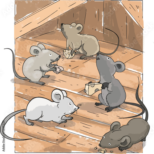 A group of cute mice eating cheese on their rooftop.