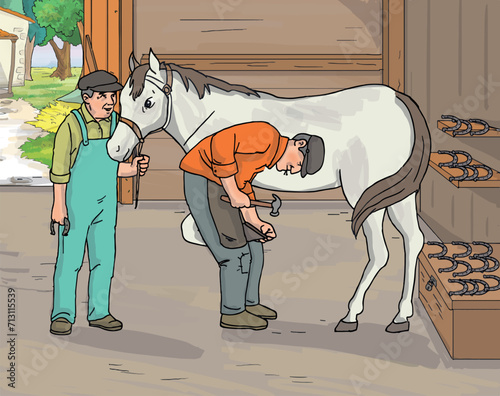 The farrier man is changing the shoe of the horse.