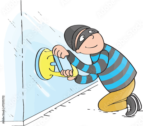 Robber thief man removing shop window with vacuum tool in hand.