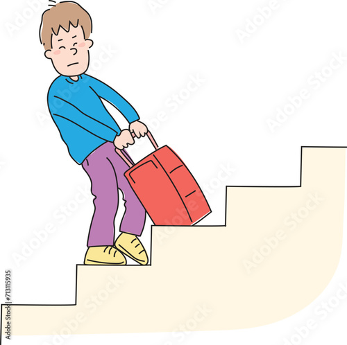 Boy struggling to get suitcase up stairs. Young male trying to carry suitcase.