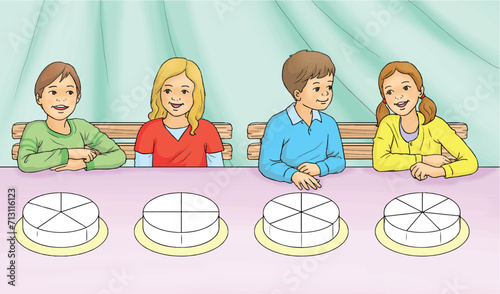 The subject of fractions in mathematics. Representation of fractions on a birthday cake.