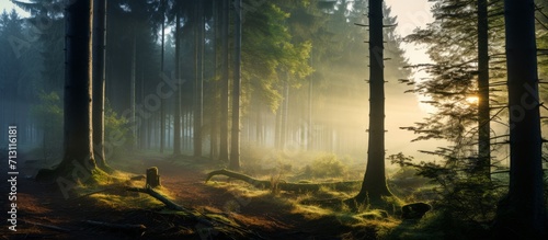 Mystical Forest with Sunlight and Fog