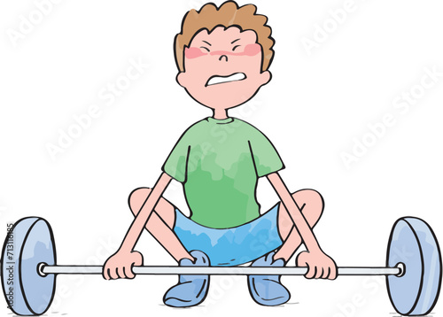 Boy trying to lift heavy barbell. The sciences of force and motion.