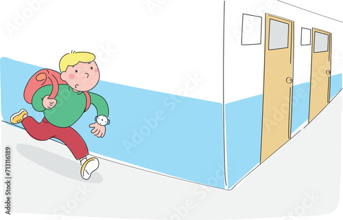 The boy who is late for class is running in the school corridor.