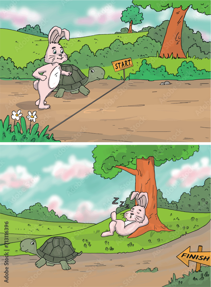 The tale of the tortoise and the hare. Rabbit and turtle. Bunny and ...