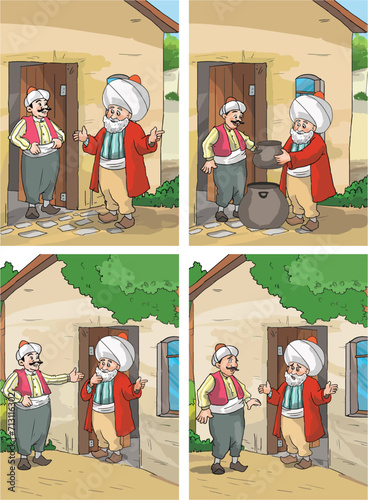 Drawing of the fairy tale Nasreddin Hodja gave birth to a cauldron. Turkish Translate: Nasrettin Hoca Fıkrası. Kazan doğurdu.