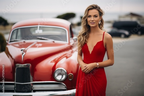 Exquisite portrait of a beautiful lady in a red dress, with a classic car as a backdrop