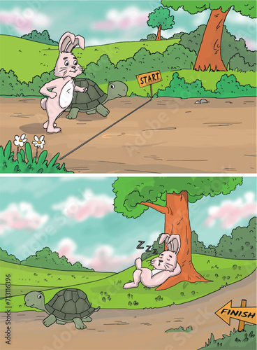 The tale of the tortoise and the hare. Rabbit and turtle. Bunny and tortoise.
