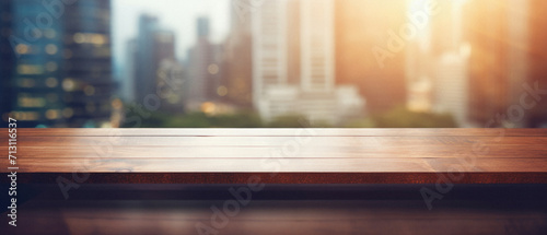 Wooden table bokeh city view background, empty wood desk tabletop counter surface product display mockup with blurry cityscape lights abstract backdrop presentation. Mock up, copy space. © Synthetica