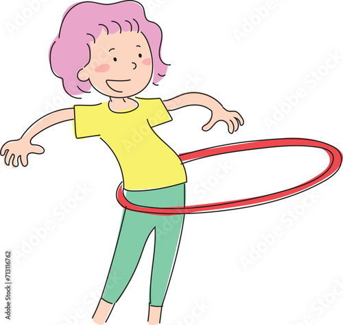 Little girl doing gymnastics exercise with hula hoop twists on her body.