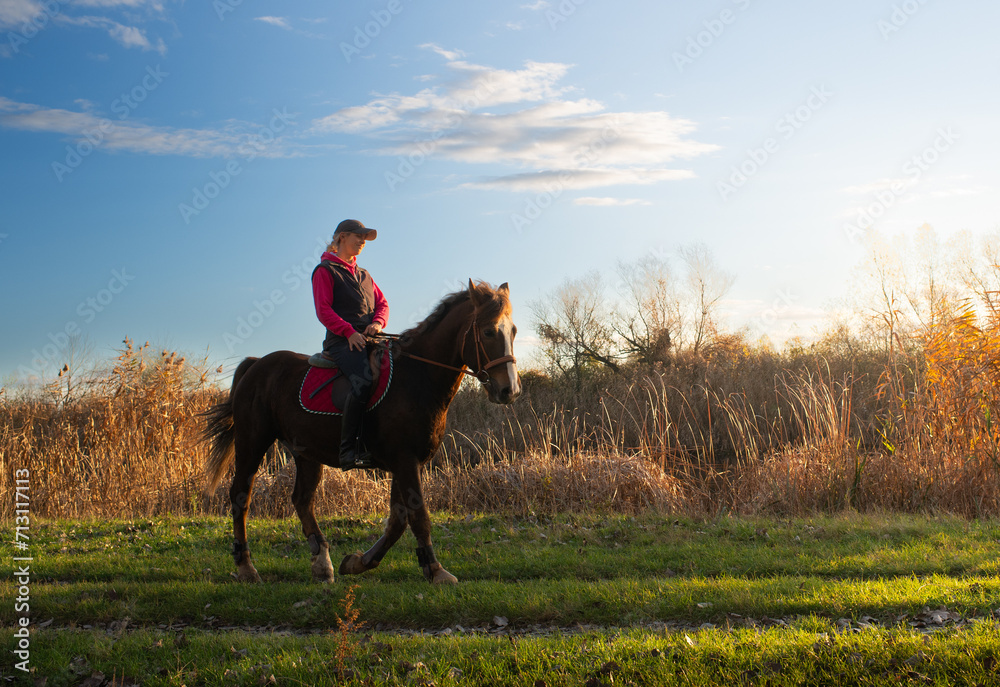 Young girl riding a horse in autumn. Young girl riding a horse in autumn.