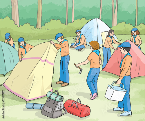 Students participating in scouting camp at school. Children preparing for camp. Children setting up tents together for camping.