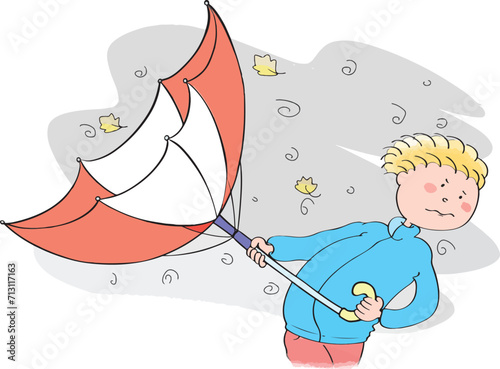 An umbrella upside down from the wind. Strong wind. Inverted umbrella. Boy. Umbrella turned upside down from the wind.