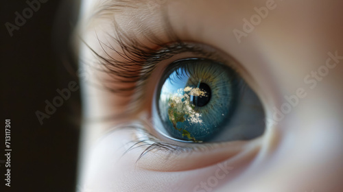 Close-up of a child's eye reflecting Earth, symbolizing a vision for environmental conservation.