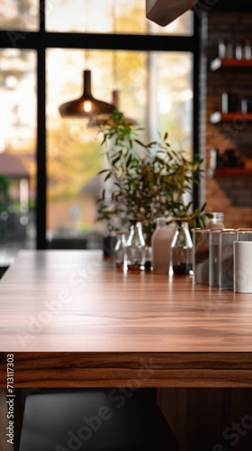 Wooden kitchen home table bokeh background, empty wood desk tabletop food counter surface product display mockup with blurry cafe abstract backdrop advertising presentation. Mock up, copy space.