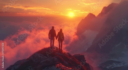 two people on a mountain together holding hands at sunset, business concept.