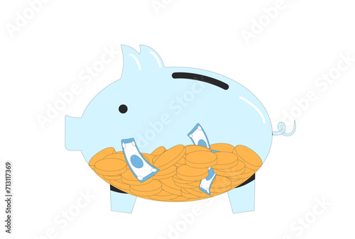 Vector glass piggy bank with coins and banknotes isolated in white background. Save money. Moneybox.