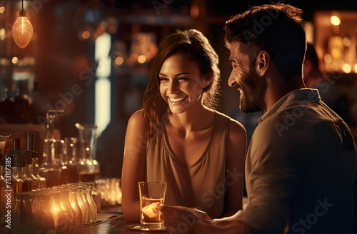 young happy Couple On A Candle Light Dinner Table Smiling With cocktail Glass. Man and woman flirting with each other in bar. cheerful pair drinking alcohol drinks at the restaurant. 