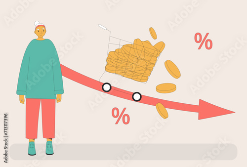 Inflation. elderly woman lost money. Investment fail. Economical finance crisis. Vector illustration