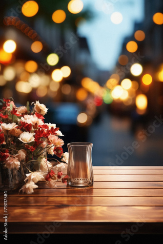 Wooden cafe table bokeh background  empty wood desk restaurant tabletop counter in bar or coffee shop surface product display mockup with blurry city lights backdrop presentation. Mock up  copy space.
