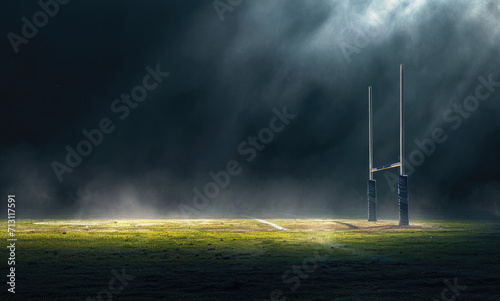 Dramatic rugby field goalposts illuminated, sports competition night. photo