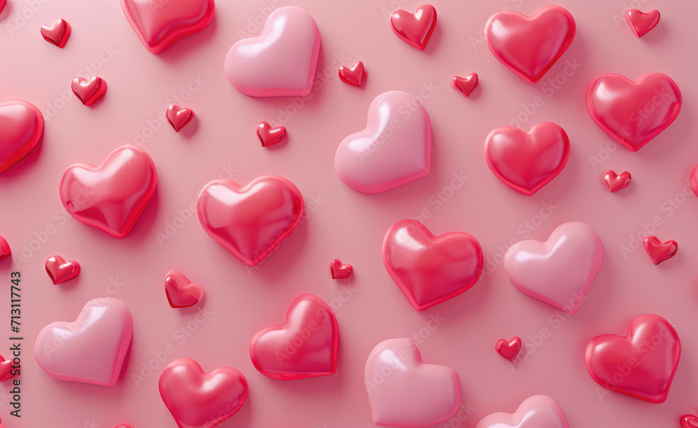 Assorted pink and red hearts on a soft backdrop for Valentine's Day love and affection theme.