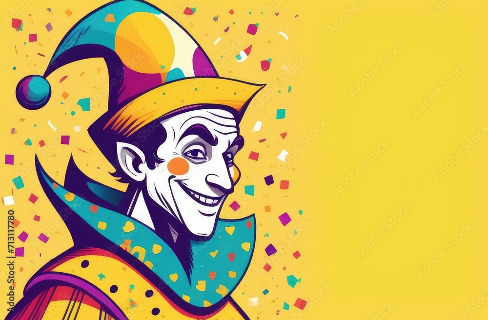Naklejka premium clown in a jester's hat on a yellow background with confetti.