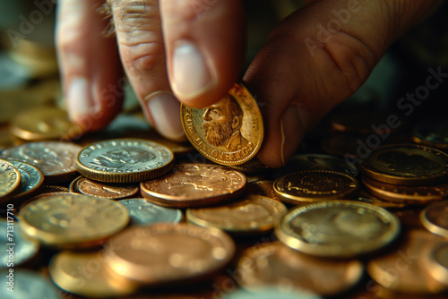 woman hand collectiing golden coins as an investment, retirement concept
