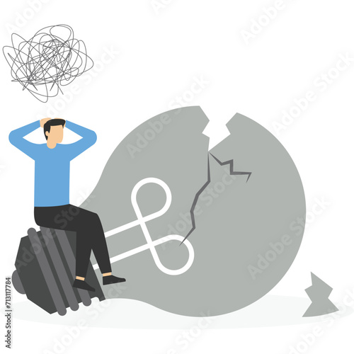 Businessman thinking on broken lightbulb, finding solution to solve problem, critical thinking, problem solving skill, Vector illustration design concept in postcard template

