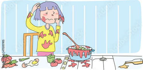 Clumsy little girl trying to cook. Incompetent girl.